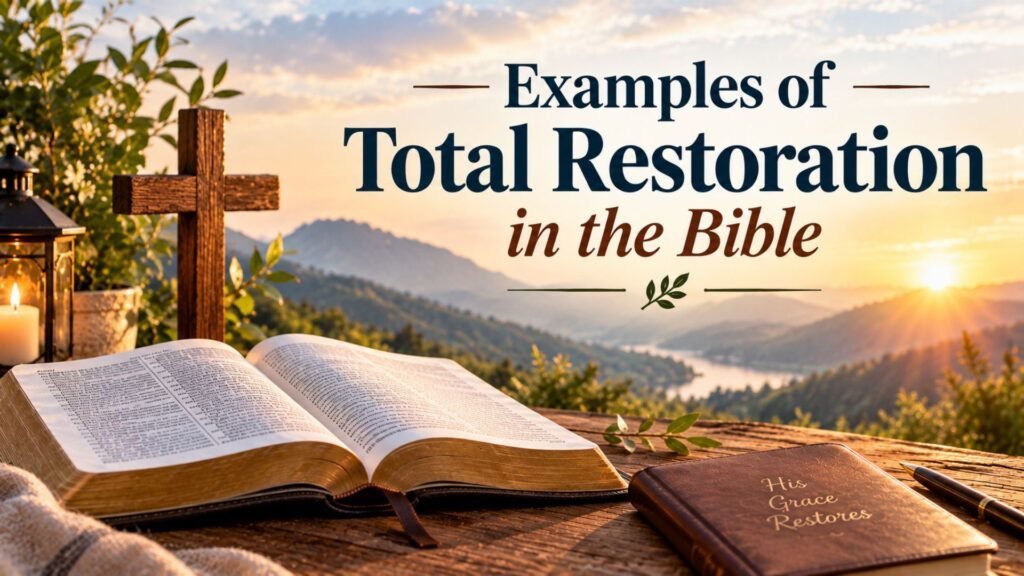 Open Bible and wooden cross overlooking a sunlit mountain valley, illustrating biblical examples of total restoration, renewal, and God's grace.