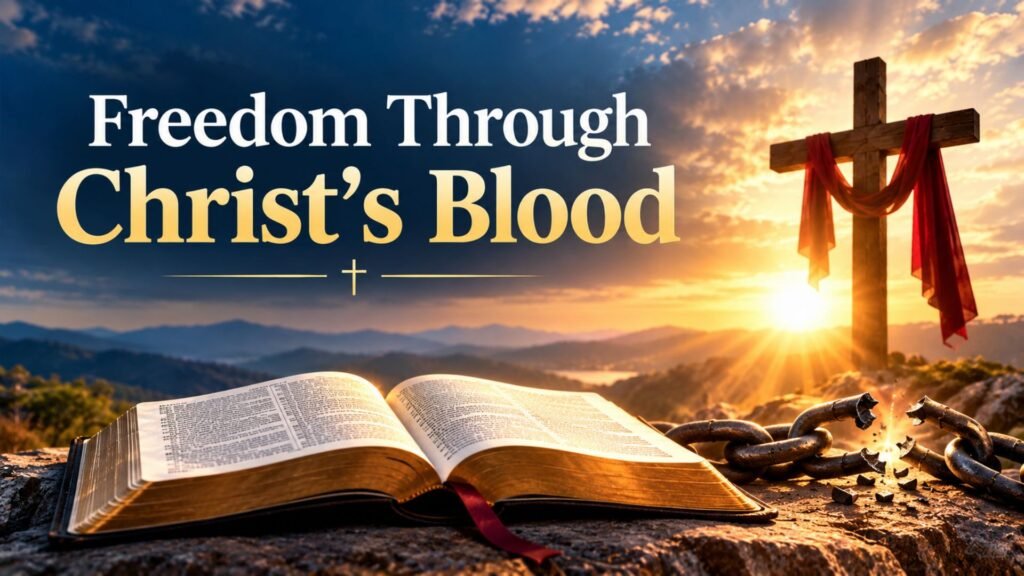 Cross illuminated by golden sunrise beside an open Bible and broken chains, symbolizing freedom, redemption, and faith through Christ's sacrifice.