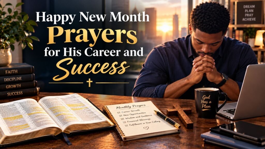Christian man praying beside an open Bible, career-planning journal, and laptop, illustrating happy new month prayers for his career and success.