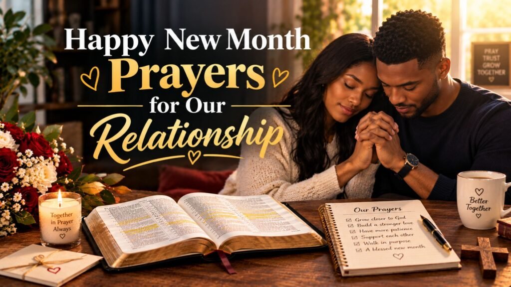 Couple praying together beside an open Bible, roses, and a prayer journal, representing happy new month prayers for a loving relationship.