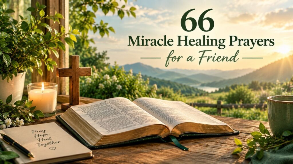 66 Miracle Healing Prayers for a Friend with an open Bible, wooden cross, prayer journal, candle, and peaceful green landscape symbolizing healing, hope, and faith.