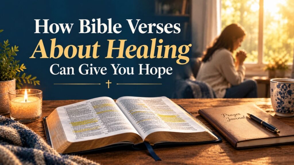 Open Bible with highlighted Scriptures and a candle on a wooden table, illustrating how Bible verses about healing can bring hope and spiritual strength.