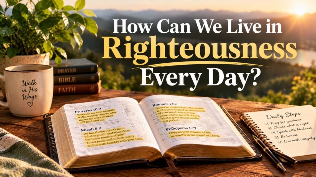 Open Bible with highlighted Scripture, a daily prayer journal, and a checklist on a rustic wooden table, illustrating how to live in righteousness every day through faith and God's Word.