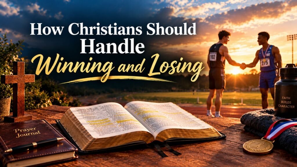 60 Powerful Bible Verses for Winning Competition 3 Open Bible and wooden cross beside athletes shaking hands after a competition, illustrating Christian humility in winning and losing.