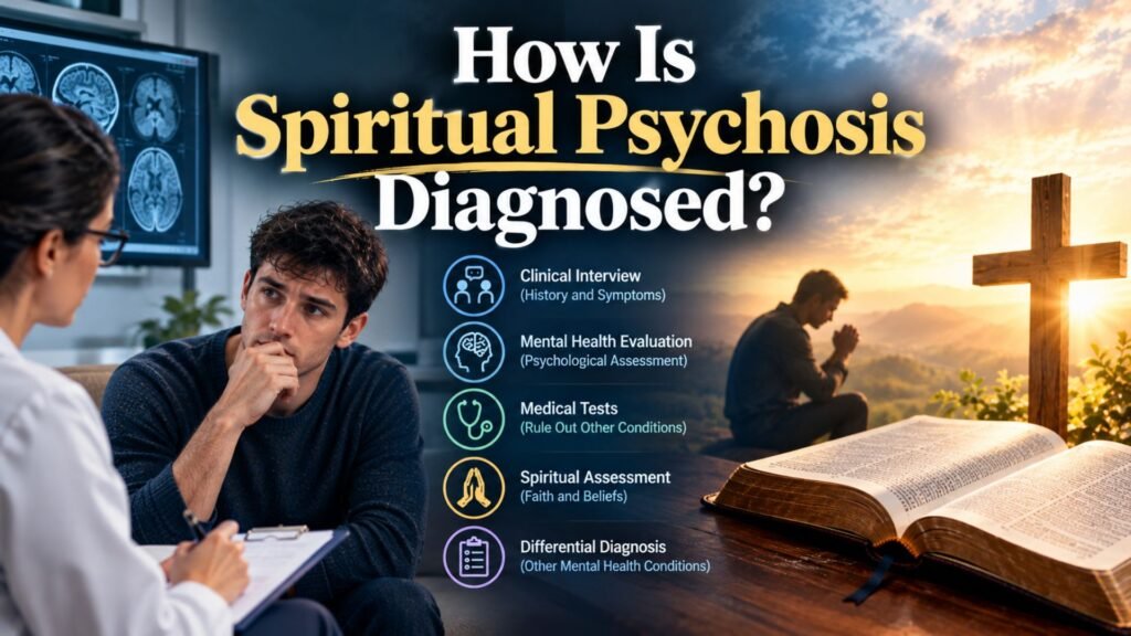 A mental health professional evaluating a patient alongside brain scans, with an open Bible, wooden cross, and peaceful sunset representing the clinical assessment and spiritual considerations involved in diagnosing spiritual psychosis.