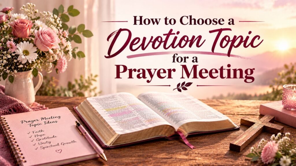 35 Impactful Short Devotions for Prayer Meetings 2 Open Bible, pink prayer journal, and wooden cross illustrating how to choose a devotion topic for a Christian prayer meeting.