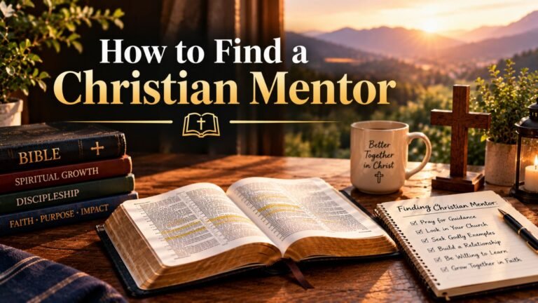 Open Bible, Christian discipleship books, wooden cross, and mentor checklist on a sunlit table, illustrating how to find a Christian mentor for spiritual growth and guidance.