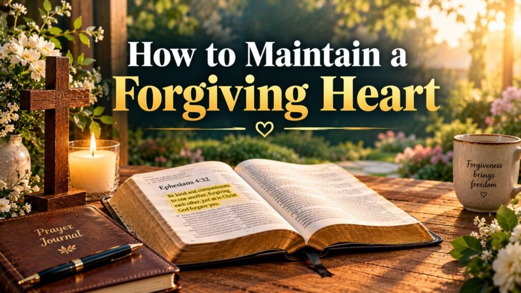 Open Bible, wooden cross, and glowing candle beside white flowers, symbolizing a heart guided by forgiveness and God's grace.