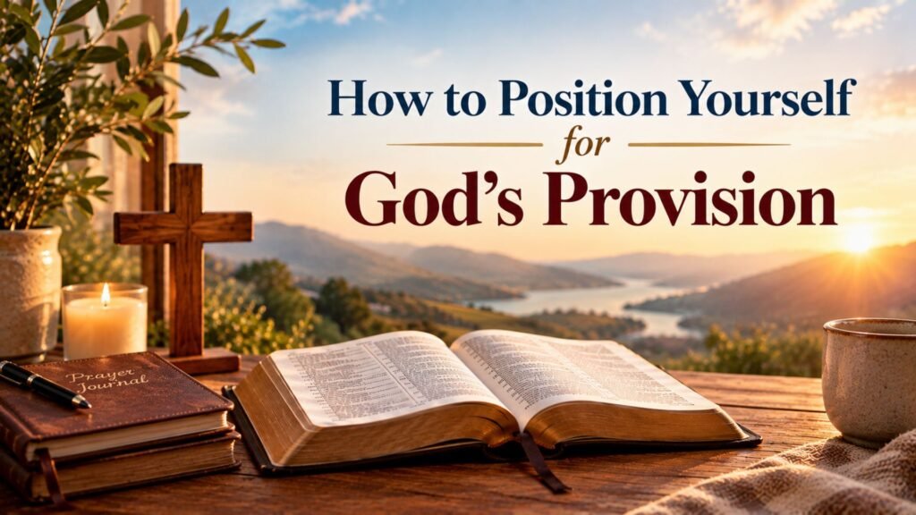 How to Position Yourself for God’s Provision, featuring an open Bible, wooden cross, prayer journal, and glowing sunrise symbolizing faith, obedience, trust, and spiritual growth.