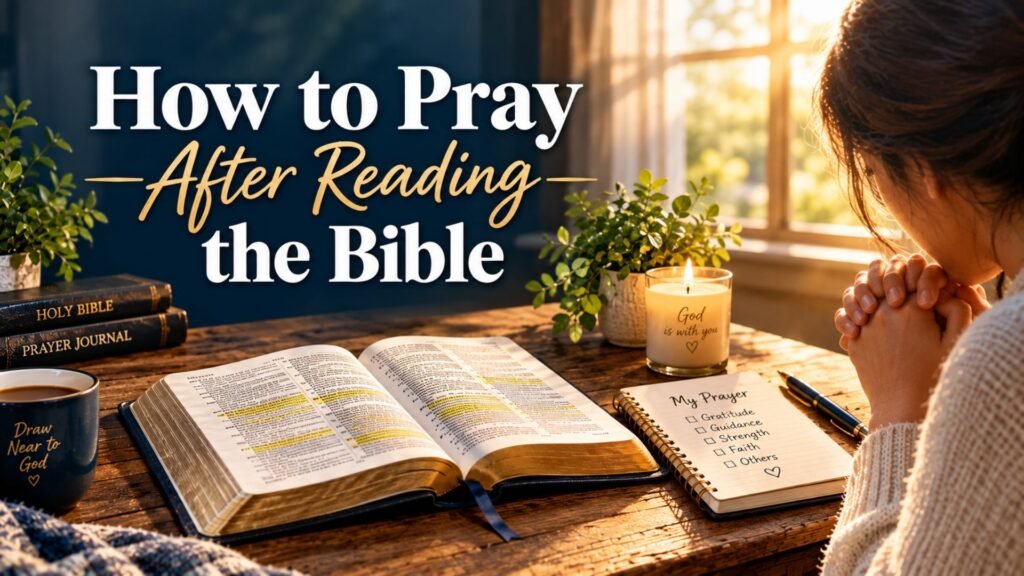 Open Bible, prayer journal, and candle on a wooden table beside a woman praying, illustrating how to pray after reading the Bible.