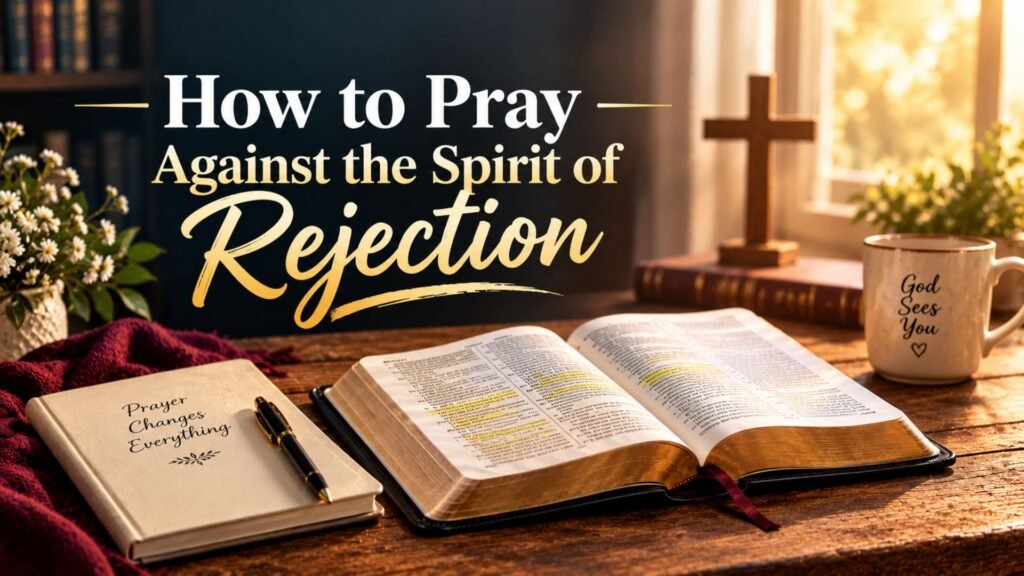 Open Bible, prayer journal, and wooden cross in golden sunlight for a Christian guide on how to pray against the spirit of rejection.