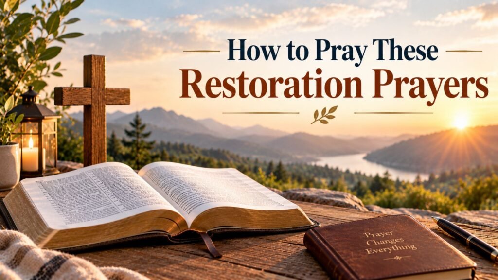 Open Bible, wooden cross, and prayer journal overlooking a sunlit mountain valley, illustrating how to pray restoration prayers with faith and hope.