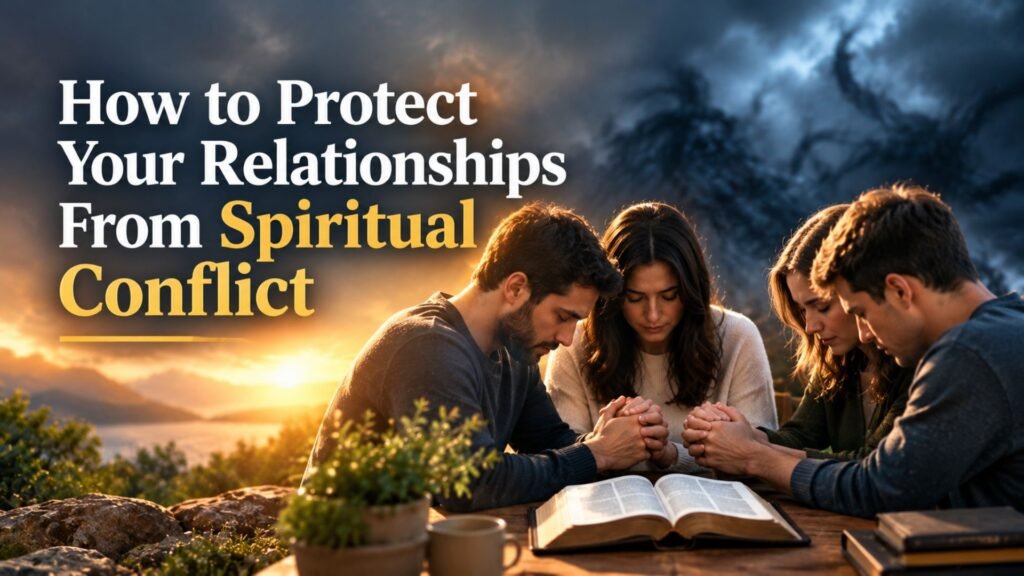 How to protect your relationships from spiritual conflict, featuring adults praying together around an open Bible in warm golden light beneath a dramatic sky.