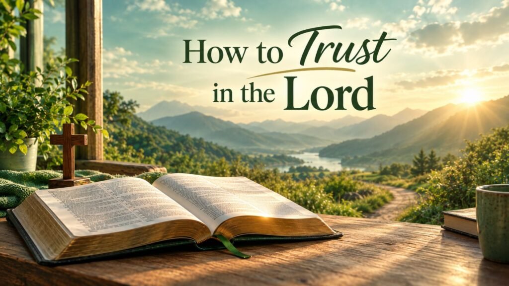 How to Trust in the Lord with an open Bible, peaceful mountain landscape, and warm sunlight symbolizing faith and guidance.