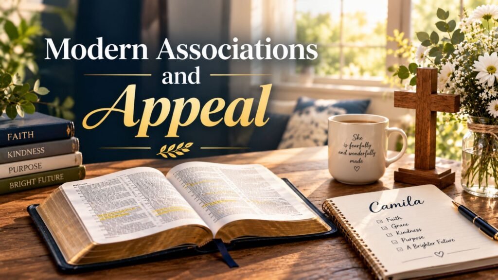 Open Bible, inspirational books, and a journal with the name Camila in a sunlit setting, reflecting the name’s modern appeal and positive associations with faith, grace, and purpose.