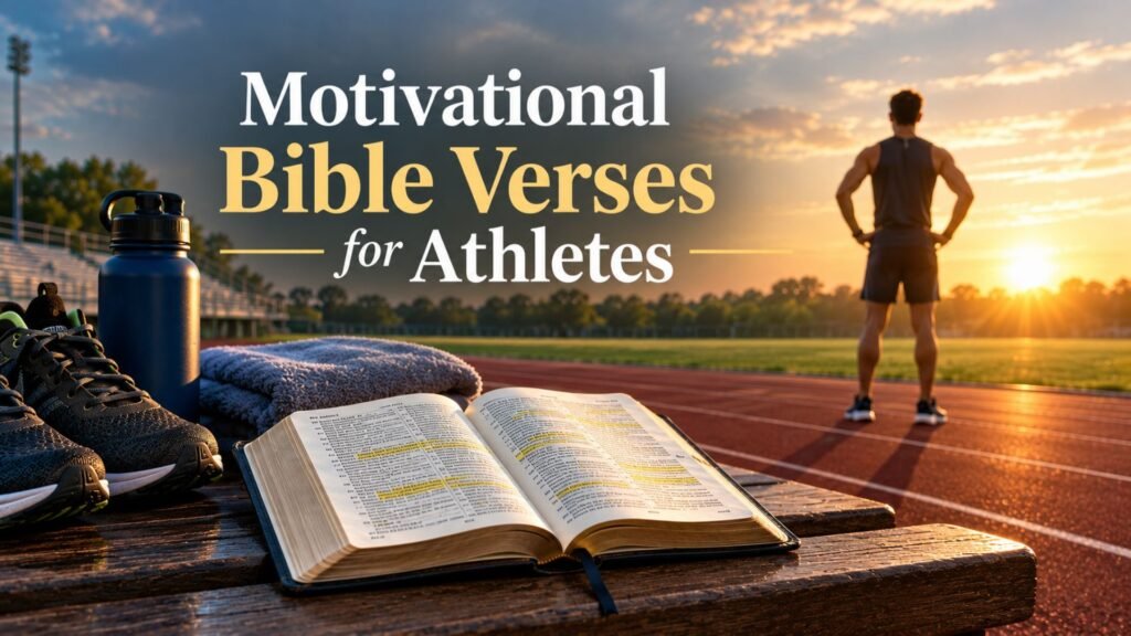 Open Bible with highlighted motivational Bible verses for athletes beside running shoes on a sports bench at sunrise.
