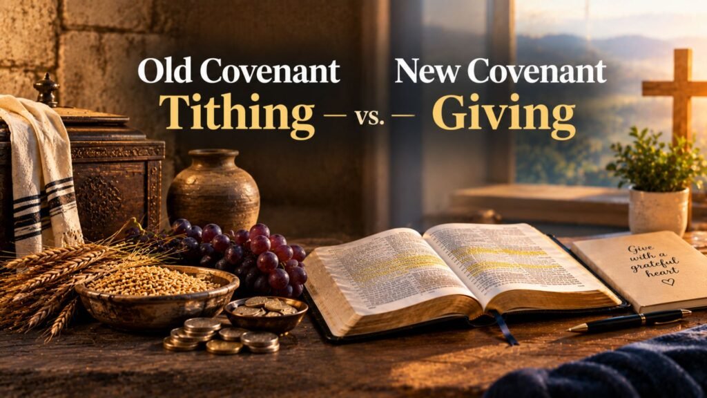 Open Bible beside wheat, grapes, and ancient offering coins illustrating Old Covenant tithing and New Covenant giving.