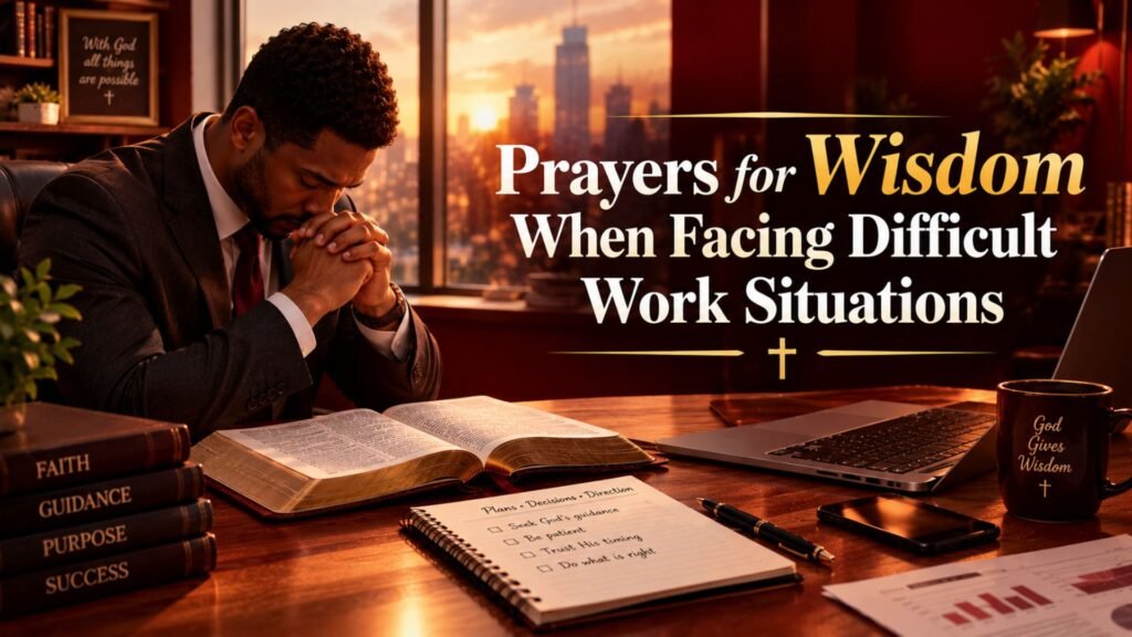 rofessional man praying beside an open Bible and work documents, illustrating prayers for wisdom when facing difficult work situations.