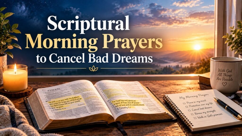 Scriptural morning prayers with an open Bible, highlighted verses, prayer journal, candle, and peaceful sunrise.