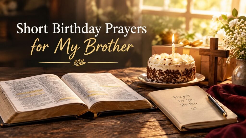Open Bible, birthday cake, and prayer journal with golden light for short birthday prayers for my brother.