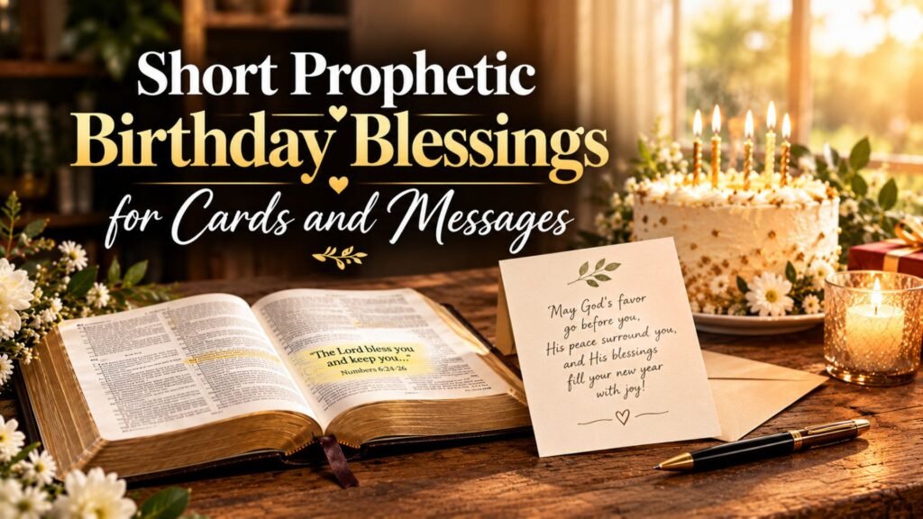 66 Powerful Prophetic Birthday Prayers for Blessings 3 Open Bible, handwritten birthday blessing card, gold pen, and candlelit birthday cake illustrating short prophetic birthday blessings for cards and messages.