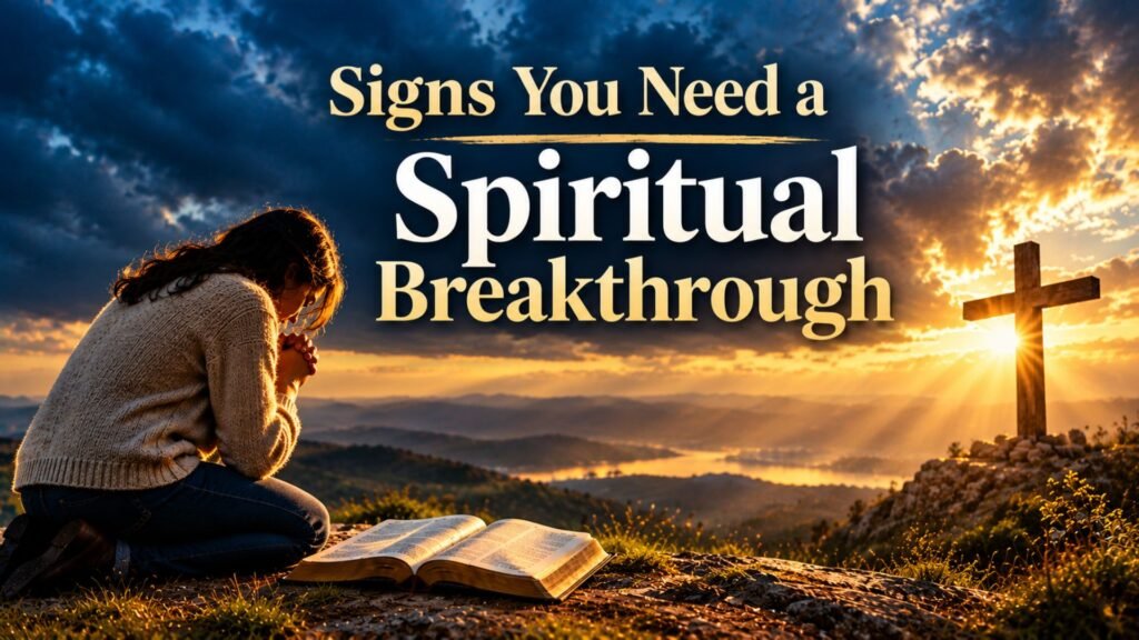 66 Powerful Prayer Points for Spiritual Breakthrough 2 Person kneeling beside an open Bible as golden sunlight breaks through dark clouds near a wooden cross, symbolizing hope and the need for spiritual breakthrough.