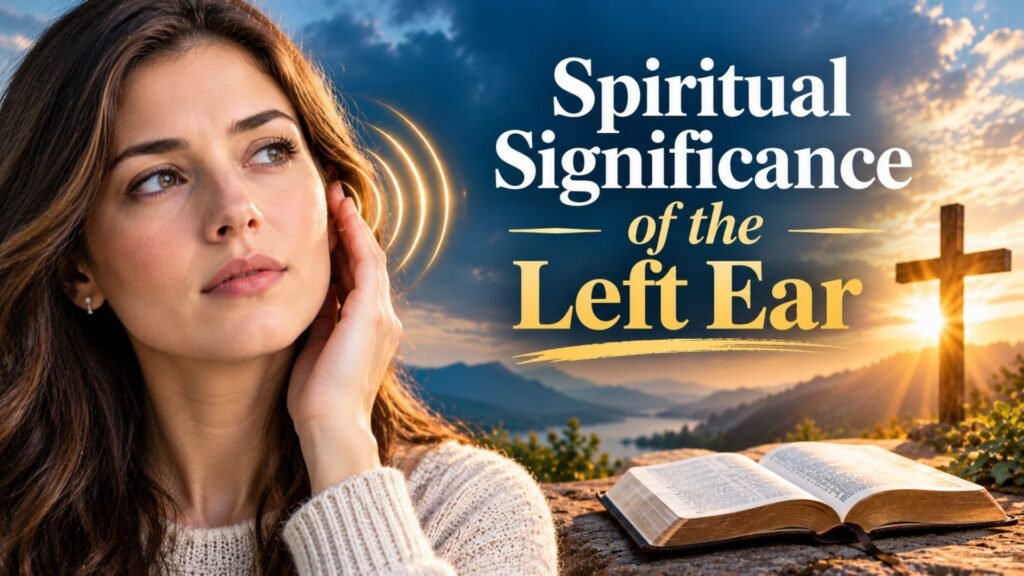 Thoughtful woman touching her left ear with glowing golden sound waves, an open Bible, and a wooden cross illuminated by a golden sunrise, illustrating the spiritual significance of left ear ringing.