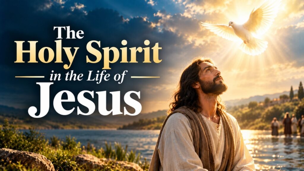 Jesus looking toward a radiant white dove descending from the heavens in golden sunlight, symbolizing the presence and work of the Holy Spirit in the life of Jesus.