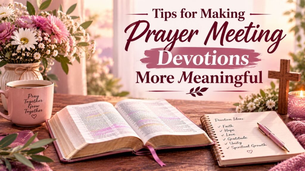 35 Impactful Short Devotions for Prayer Meetings 3 Open Bible, pink devotion journal, wooden cross, and flowers illustrating tips for making Christian prayer meeting devotions more meaningful.