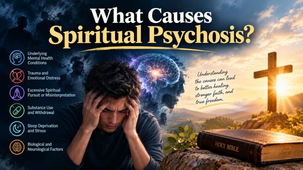 A distressed man beside a glowing brain illustration, with contrasting imagery of a sunlit cross and Bible, representing the causes of spiritual psychosis and the importance of mental health awareness and spiritual support.