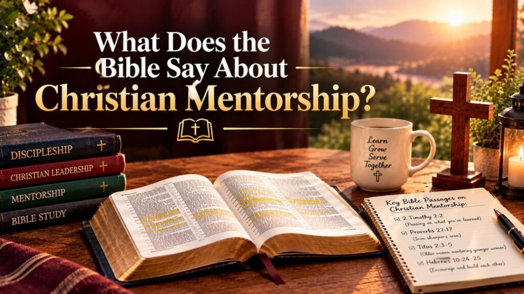 How to Find a Christian Mentor 2 Open Bible, Christian mentorship books, wooden cross, and handwritten Scripture notes on a rustic table, illustrating biblical teachings about Christian mentorship and spiritual growth.