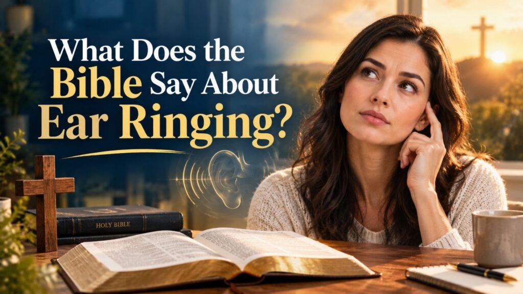 Open Bible and wooden cross beside a woman touching her ear, illustrating biblical perspectives on ear ringing.
