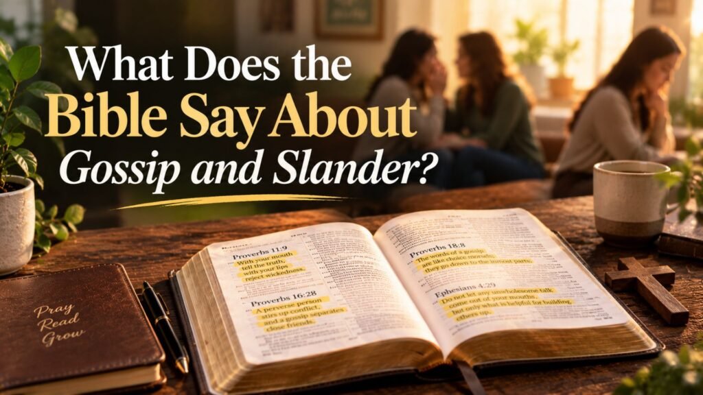 55 Powerful Bible Verses About Backbiting 3 Open Bible with highlighted verses about gossip and slander on a wooden table, illustrating biblical teachings about truthful and kind speech.