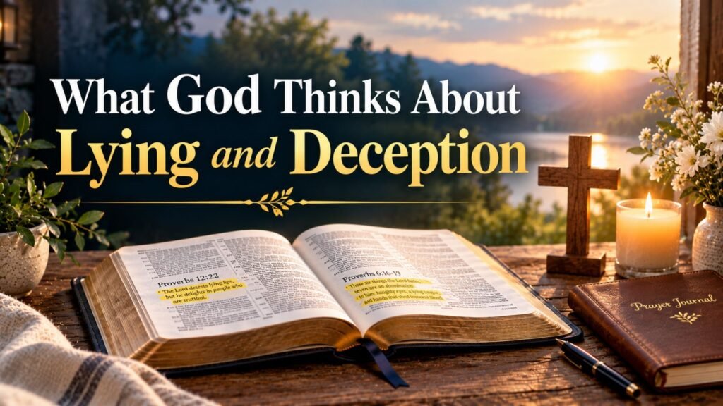 Open Bible with highlighted Scriptures about lying and deception, a wooden cross, prayer journal, and candle in warm golden sunlight.
