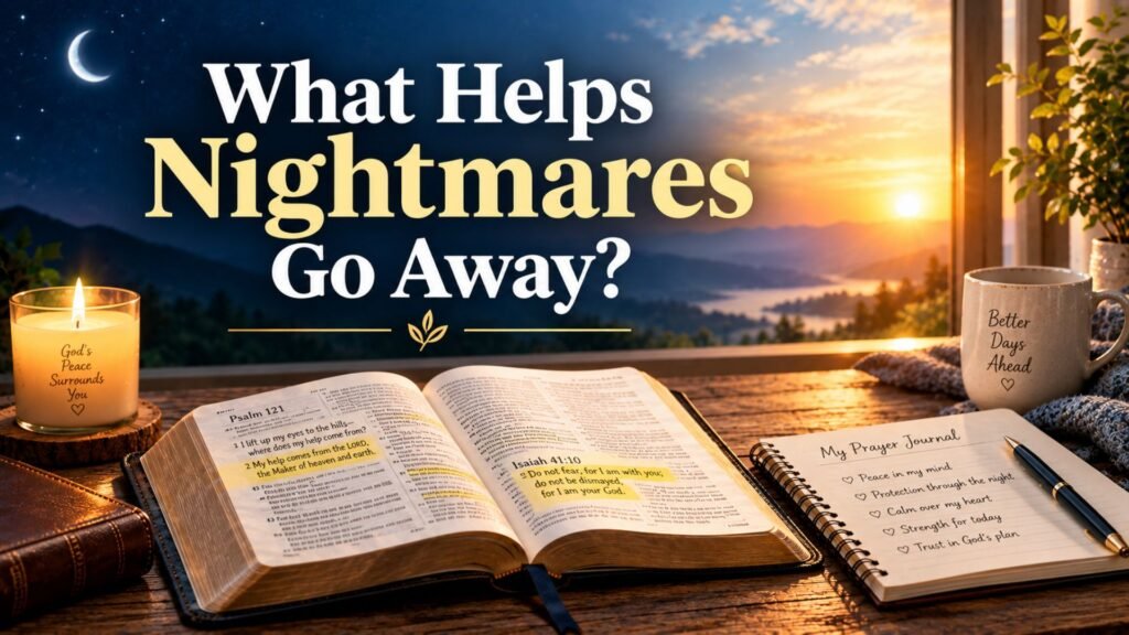 Open Bible, prayer journal, and glowing candle beside a window at dawn, symbolizing peace after nightmares.