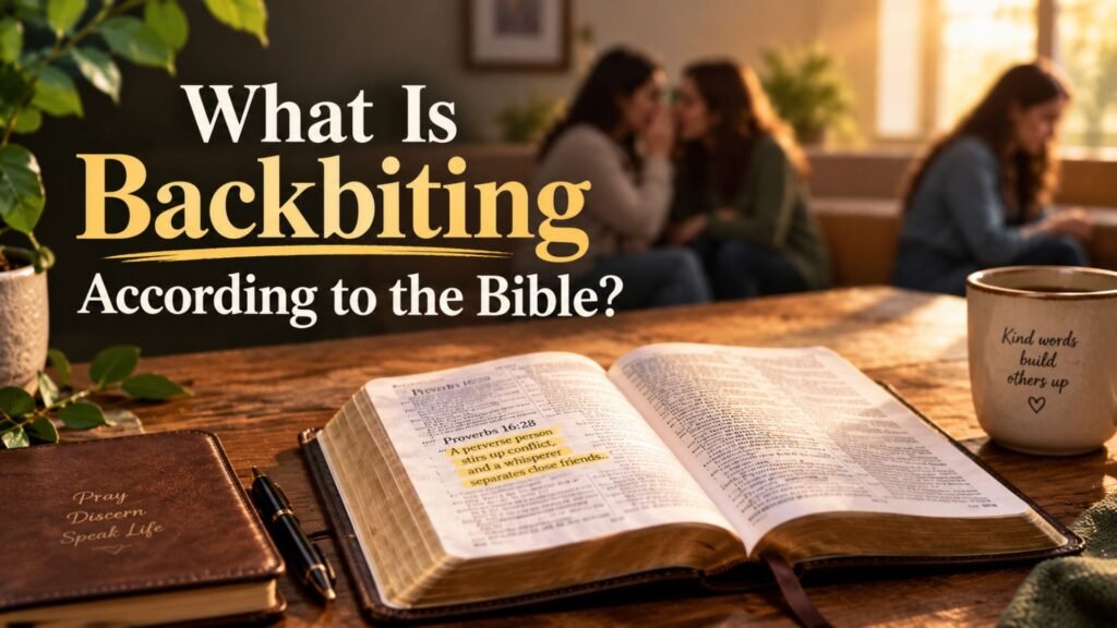 55 Powerful Bible Verses About Backbiting 2 Open Bible with highlighted Scripture and people talking in the background, illustrating what backbiting means according to the Bible.