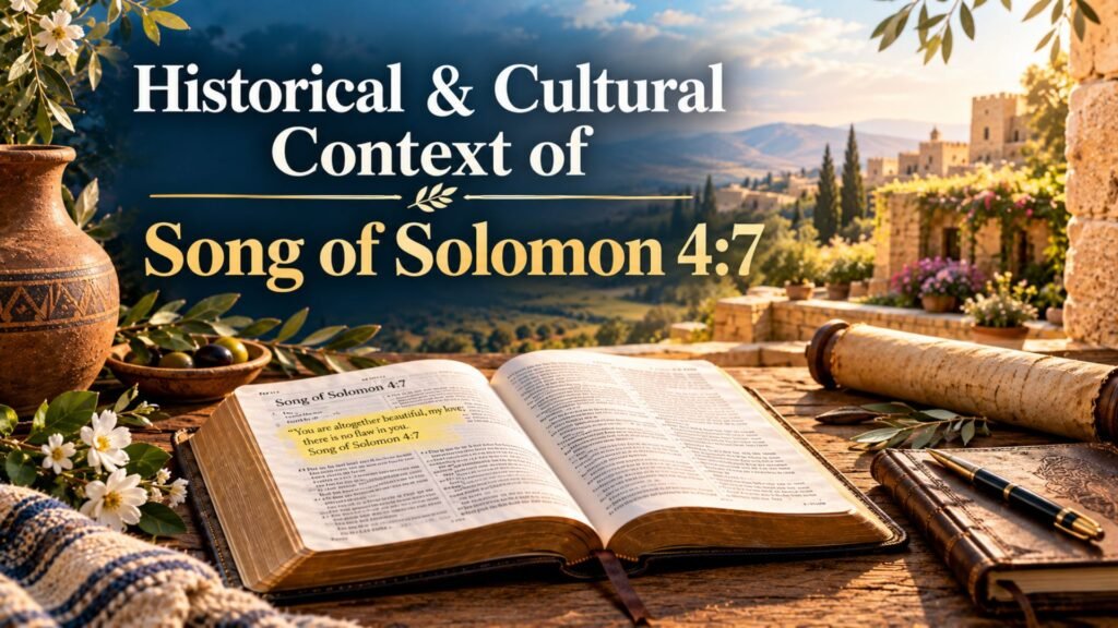 Solomon 4:7 Meaning & Commentary: Finding Beauty Through God's Words 2 Open Bible showing Song of Solomon 4:7 surrounded by ancient Near Eastern objects, flowers, and an Israelite-inspired setting.