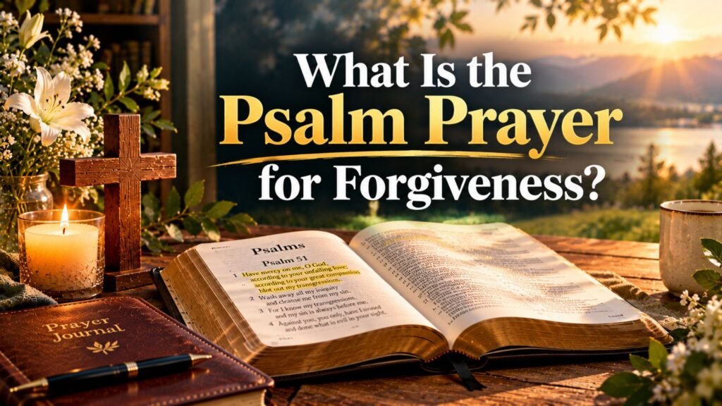 Open Bible displaying a highlighted Psalm beside a wooden cross and candle, illustrating a prayer for forgiveness and God's mercy.