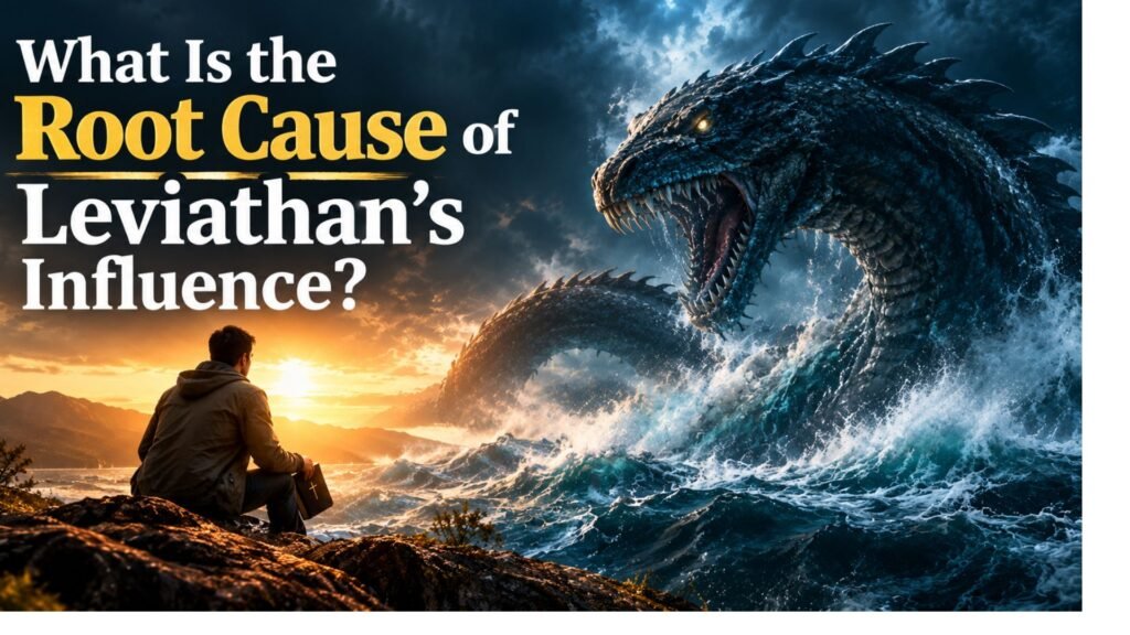 What is the root cause of Leviathan’s influence, illustrated by a person holding a Bible while facing a giant sea serpent rising from stormy waves beneath golden light.
