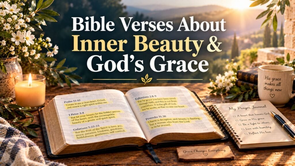 Solomon 4:7 Meaning & Commentary: Finding Beauty Through God's Words 3 Open Bible with highlighted verses, flowers, prayer journal, and warm light symbolizing inner beauty and God’s grace.