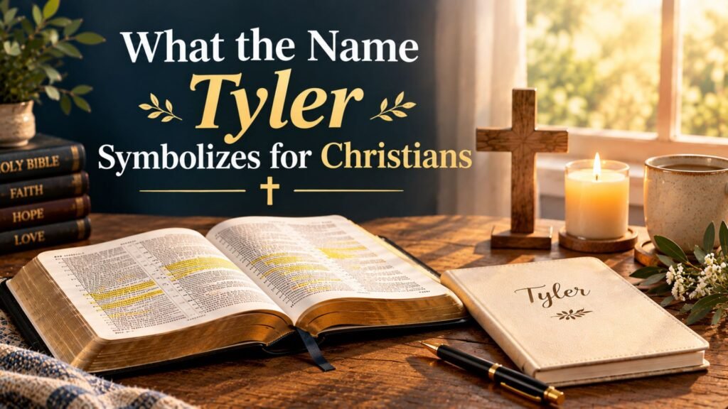 Open Bible, wooden cross, candle, and journal displaying the name Tyler, illustrating what the name Tyler symbolizes for Christians.
