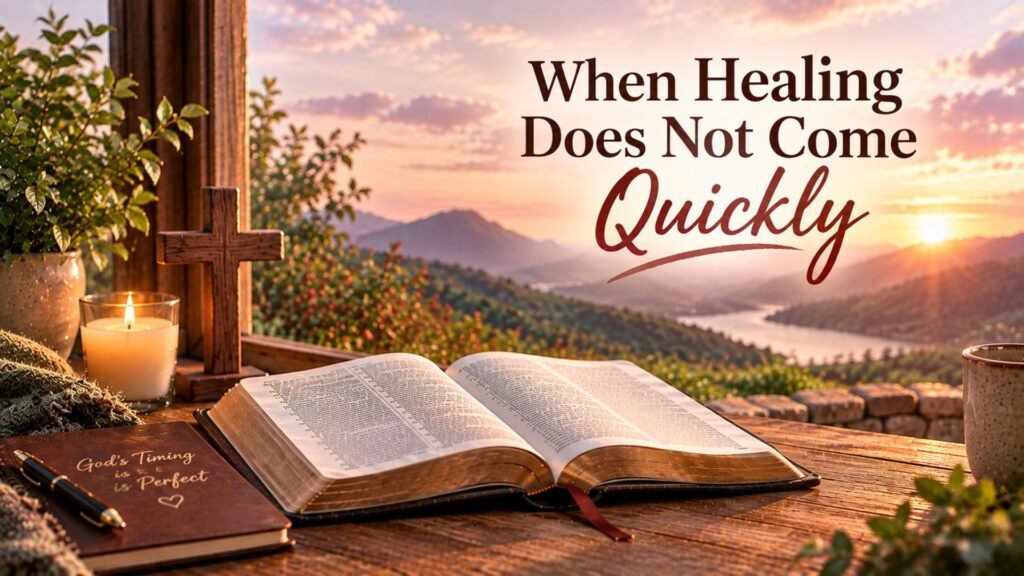 When Healing Does Not Come Quickly with an open Bible, wooden cross, candle, prayer journal, and peaceful mountain landscape at sunset in warm reddish tones.