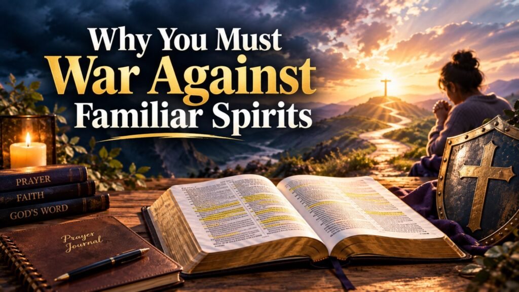 Open Bible and praying person with a shield and golden light symbolizing spiritual warfare, faith, and protection from familiar spirits.